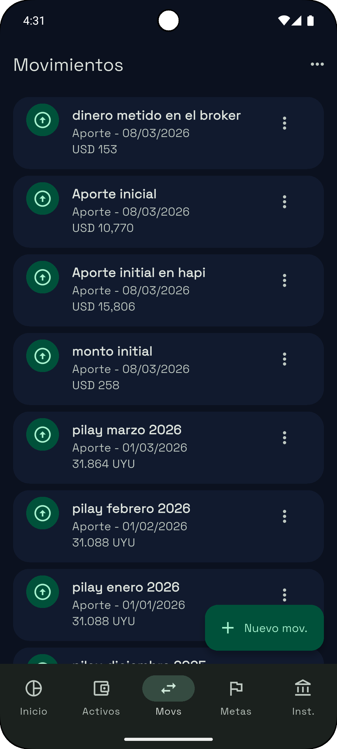 Pantalla Movimientos de Patrimonio Uy